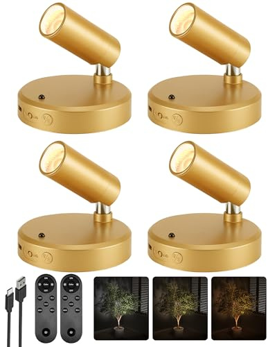 EZVALO LED Spotlight Indoor, 5500mAh Rechargeable Battery-Powered Picture Lights, Wireless Mini Art Accent Spot Lights with Remote, for Plants, Display, Painting, Artwork (4-Pack-Gold)