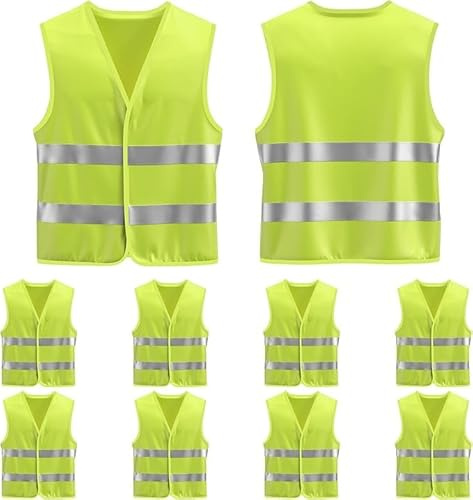 BONAVCY 10 PCS High Vis Vests Yellow, High Visibility Safety Vests with 2 Reflective Stripes for Adults, Construction Worker, Event Staff, Night Riding