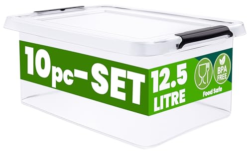 Deuba® 10x Cajas Almacenaje Apilable 12,5L Contenedor Transparente Orden Almacenamiento Organizador Libre BPA Juguetes Libros Ropa Mantas Alimentos