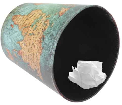HIAKDOFT Poubelle Cuir Style British avec Carte Vintage Corbeille de Rangement Multi-usage Panier à Papier Décoratif pour Maison et Bureau Conteneur à Déchets Élégant sans Couvercle