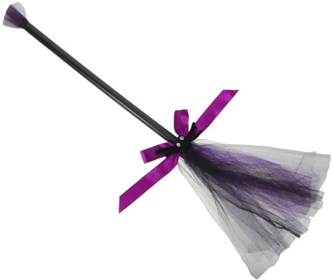 MALUGOGO Halloween Witch Broom with Purple Mesh Yarn Realistic Handmade Broomstick for Witch Costume Party Favors and Festive Halloween Decoration