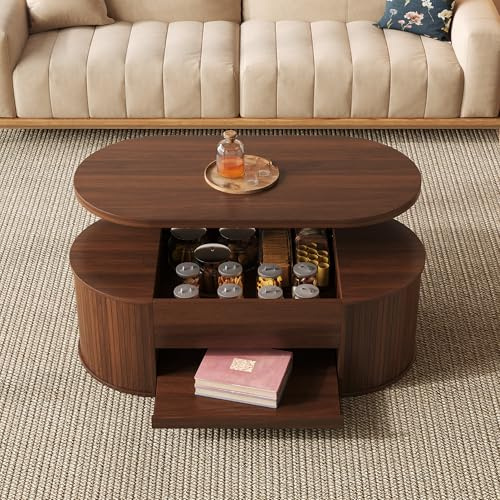 Mielvu Mesa de centro elevable, mesa de centro con lados curvos de madera, estante extensible, mesa elevable, muebles de salón multifuncionales. (nogal natural)