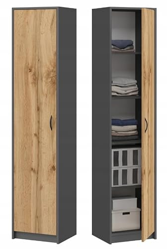 BDW - Kleiderschrank Schrank mit 5 Einlegeböden - Garderobenschrank 40 cm breit, 185 cm hoch, 35 cm tief - Schlafzimmer, Kinderzimmer, Wäscheschrank, Badezimmer - 1 Tür, Graphit/Wotan-Eiche