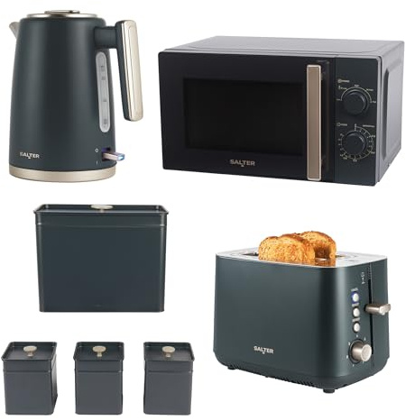 Salter Marino Kitchen Set, Kettle Toaster Microwave, 4 Piece, Blue Grey | 1.7 L 3 kW kettle, 2 slice toaster with 7 browning levels, 20 L 800 W manual microwave, bread tea coffee sugar canisters