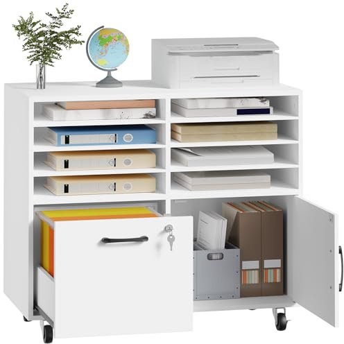 HOOBRO Rollcontainer mit abschließbarer Schublade und 8 Fächern, mobiler Aktenschrank, Schubladenschrank, Büroschrank, Bürocontainer, Schreibtisch Unterschrank, für Büro, Wohnzimmer, Weiß EWB55WJ01