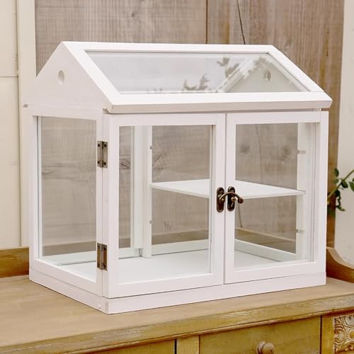 Mini Gewächshaus Balkon Holz mit Trennwänden mit Türen Edle Türgriffe Kleines Gewächshaus Indoor Scharniere Lichtdurchlässig Geeignet für Pflanzen und Blumen(B,42*30*40cm)