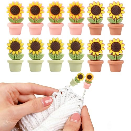 12 Stück Maschenstopper für Stricknadeln, Silikon Nadelstopper für Stricknadeln, Sonnenblume Stricknadel Stopper, Maschenstopper für Stricken, Häkeln, Nähen und Basteln (Farbe 1)