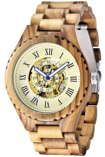 Tiong Herren Holzuhr Mechanische Uhren Skelett Automatische Selbst-Wicklung Leichtgewicht für Männer Armbanduhr(Q2020)