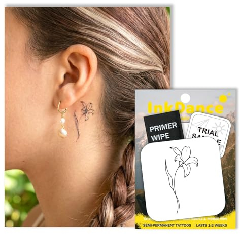 InkDance Semi-Permanent Tattoo, Line Art Lily, Long Lasting Temporary Tattoos for Women & Teens, Waterproof Plant-Based Ink, Lasts 1-2 Weeks, Color Develops in 24 Hours MNF020