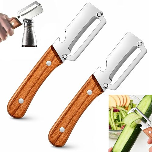2 Stück Sparschäler, 2-in-1 Potato Peeler with Bottle Opener, Multifunktionaler Küchen Schäler mit Holzgriff, Gemüseschäler und Flaschenöffner für Obst Gemüse und Picknick Langlebiges Schälwerkzeug