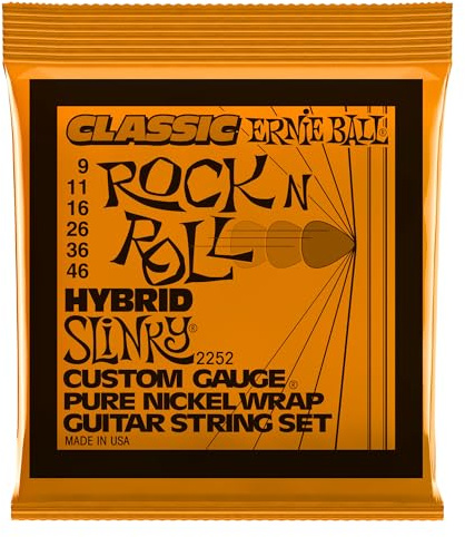 Ernie Ball Hybrid Slinky Classic Rock n Roll - Cuerdas para guitarra eléctrica, envoltura de níquel puro, calibre 9-46