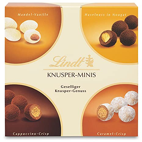 Lindt Schokolade Knusper Minis | 200 g | Geselliger Knuspergenuss in den Sorten Cappuchino Crisp, Caramel Crisp, Haselnuss in Nougat und Vanille-Mandel | Pralinengeschenk | Schokoladengeschenk