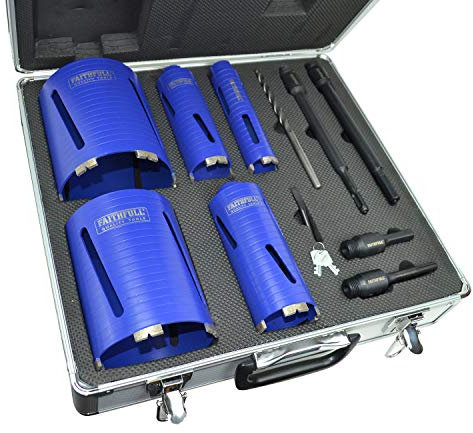Faithfull FAIDCKIT11 11 Piece Diamond Core Drill Kit in Case. Includes: 38, 52, 65, 117 & 127mm Cores