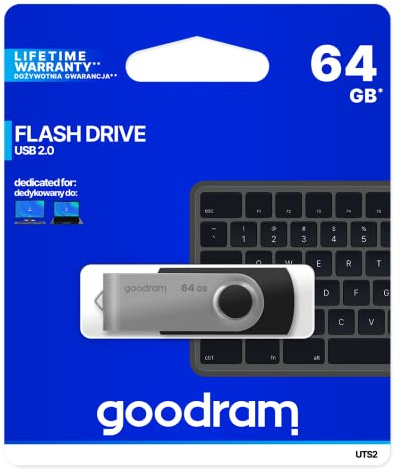 Goodram Chiavetta USB UTS2 - Unità flash USB 2.0, 64 GB - Velocità di lettura fino a 20 MB/s - Velocità di scrittura fino a 5 MB/s - Cappuccio protettivo - Funzione portachiavi - Nero