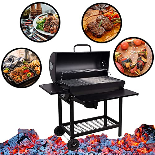 DRULINE- Grillwagen XXL 103x110x59cm. Holzkohle Standgrill aus Metall mit Deckel,Grillrost,2 Räder, Ablagefach, Ascheschale & Einstellbarer Belüftung.