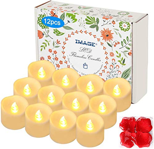 Image LED Kerzen mit Timer, 12 Stück Elektrische Teelichter Kerze mit 100 Stück Dekorative Fake Rose Petals, 6 und 18 Stunden aus, inkl. Batterien CR2032, Warme Weiße