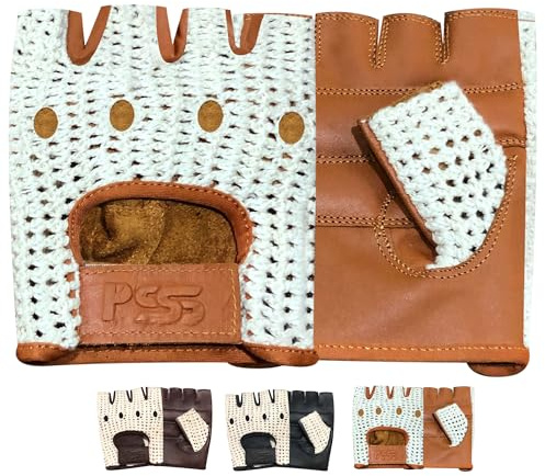 PSS Mitaines Gants sans Doigts Homme Femme Cuir Véritable Vache pour Conduite Voiture Vélo Cyclisme Bike VTT Fauteuil Roulant Gants Demi-Doigts À Mailles Coussin Paume Été Hiver - Camel