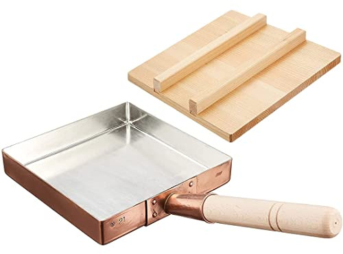 TIKUSAN Japanese Tamagoyaki Pan Omelets Copper Pan with Wooden Lid Made in Japan Square Frying Pan for Eggs 8.3 inch (21×21 cm)