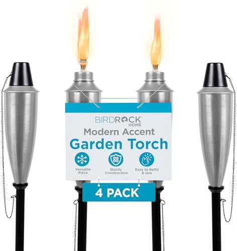 BIRDROCK HOME Outdoor Torches - Durable Construction, Modern Design, Weather Resistant, Citronella Oil Compatible, Ideal for Backyards, Patios, Pathways - Garden Silver, 4 Pack