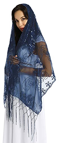 LiiYii Damen Umschlagtuch Schal Stola Mesh Retro 1920er Pailletten Fransen Wraps für Hochzeitskleid Brautkleid Abendkleid Navy Blau Einheitsgröße