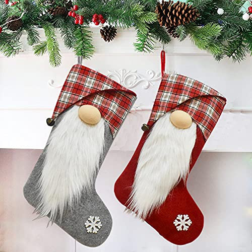 ZOKBOM Nikolausstrumpf 2Pcs, Nikolausstiefel zum Befüllen 45x20cm, Rot und Weiß Plaid, Weihnachtsstrumpf als Weihnachtsgeschenktasche, Weihnachtsdeko zum Aufhängen für Kamin, Treppe, Weihnachtsbaum