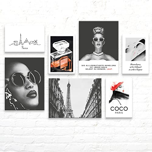 Coco style Wandbilder Set - 7 moderne, aufhängefertige fashion motivations Leinwand-Bilder für Frauen, Bilderwand als Deko für Wohnzimmer Schlafzimmer Wohnung Bilderset je 3x 30x40cm - 4x 30x20cm