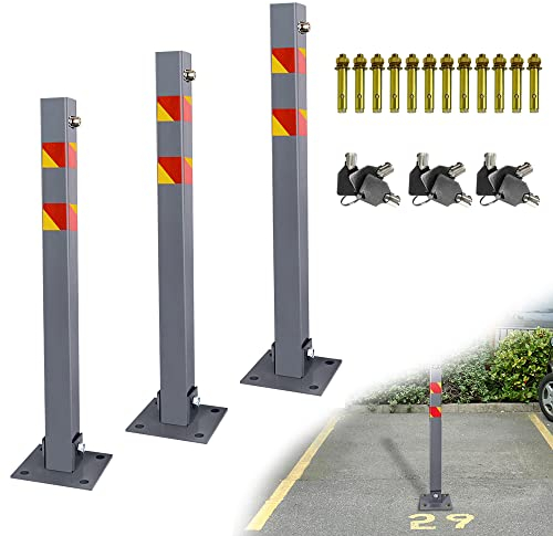 TRMLBE Barriera di Parcheggio Pieghevole Dissuasore di Parcheggio Quadrato in Acciaio per Posti Auto con 3 Chiavi con Strisce Riflettenti (3 Pezzi)