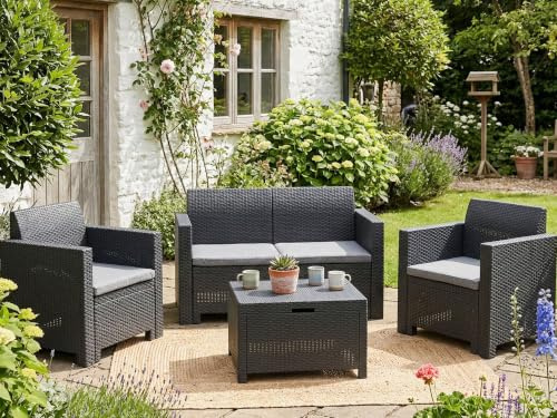 Dmora - Set salotto da esterno Venere, Set da giardino con cuscini, Salottino indoor e outdoor effetto rattan, 100% Made in Italy, Antracite
