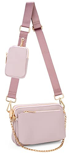 UTO Kleine Umhängetasche Damen 3 in 1 Crossbody Bag Damen Breiter Gurt mit Münzbeutel Handtasche mit Abnehmbare Kette Schultertasche mit Abnehmbarer Verstellbarer Schultergurt Rosa Stylisch Tasche