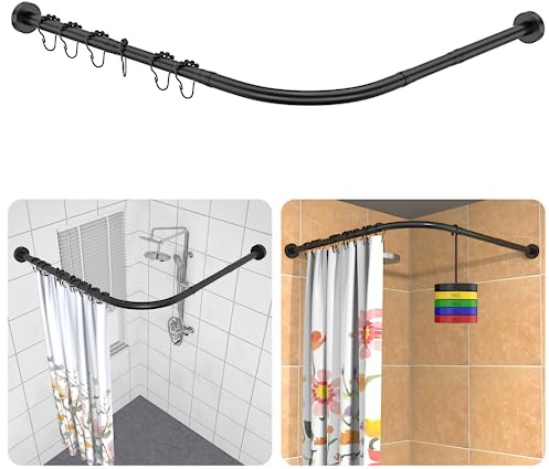 Duschvorhangstange ohne Bohren, 304 Edelstahl L Form Teleskopstange, 95-125 x 95-125 cm, inkl. 18 Ringe, ohne Deckenhalterung, Ecke Duschvorhangstange Rostfrei, für Badewanne & Dusche - Schwarz