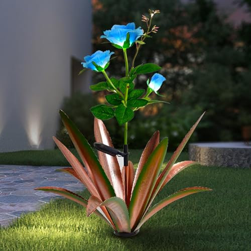 TOMBABY Decoración solar de metal para jardín de agave, diseño de plantas de metal, decoración al aire libre, planta de metal de agave, decoración de césped, regalo (2 rosas azules)