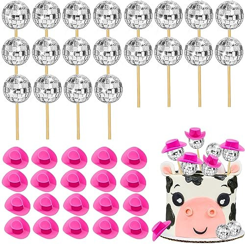 Newmemo Disco Ball Cake Toppers Cowgirl Hat 40PCS Disco Ball Cupcake Toppers Disco Ball Cake Pick Mini Western Cowgirl Hat Cake Decorations for Disco 1970s Theme Bachelorette Birthday Party Supplies