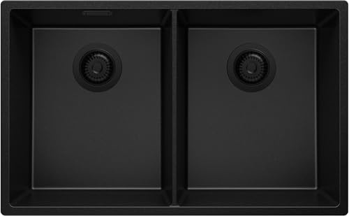 PRIMAGRAN Fregadero bajo Encimera al Mueble 80cm + Kit de desagüe, 76x47cm | Set: Kit de desagüe (sifón, válvula, rebosadero) + London Twin 2 Senos para Cocina, Todo Negro