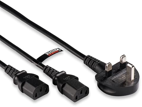 rhinocables UK to Dual C13 Splitter Cable – Fused IEC Kettle Lead for Two Monitors, PCs, TVs & Office Electronics | Reliable, Reinforced Power for Streamlined Home & Workspace Setups (5.5m, Pack of 1)