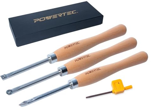POWERTEC 3 Pcs Carbide Lathe Tools for Woodturning, Wood Lathe Tools with Flat Edge Square, Round and Diamond, T15 Star Key Wrench, Lathe Tools with Replaceable Blade (71825)