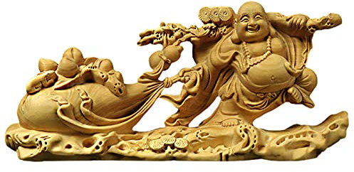 QQYDZSW Skulptur-Tischdekoration, Statuen, Dekor, liegend und Figuren, Buchsbaum-Holzschnitzerei, Kunsthandwerk, Geschenkornamente, Ziehbeutel, Stoffbeutel, Segensbeutel, Maitreya-Buddha i