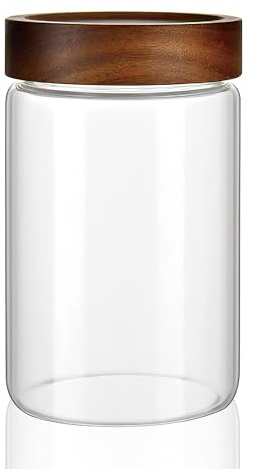 MOLADRI 28 fl oz/850 ml Clear Glass Storage Canister with Airtight Wooden Screw Lid, Medium Cute Decorative Glass Container Jar for Coffee,Candy,Salt,Cookie,Condiment,Pepper,Sugar,Overnight Oatmeal