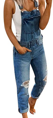 Tidecc Salopette da donna in denim, con pantaloni lunghi strappati, effetto invecchiato, salopette, blu scuro, XL