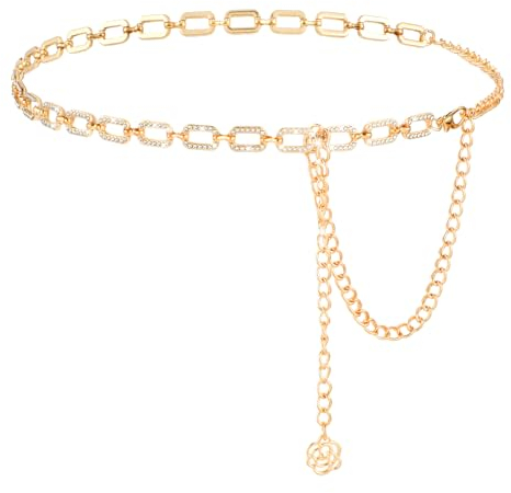 Andibro Metall Taillenkettengürtel für Damen,Verstellbarer Strass Taillengürtel Klassische Schmale Gürtel für Hosen Kleider (gold)