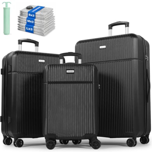 H.yeed Luggage Sets 3, ABS Hard Shell Lightweight Trolley Travel Suitcase Set with 4 Spinner Wheels TSA Lock for Man Women, 21 + 24 + 28-Black