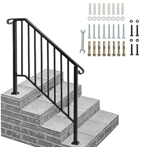 Outdoor Handrails for Stairs - Durable Wrought Iron Railings Handrails for Outdoor Steps, Black Hand Rails Stairs for Garden Exterior Staircases, Easy Install Safety Staircase Handrails (3 to 4 Steps)