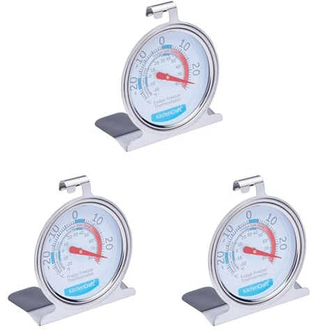 KitchenCraft Fridge Freezer Thermometer with Min Max Temperature Guide, Clear Dial, Stainless Steel, Silver (Pack of 3)