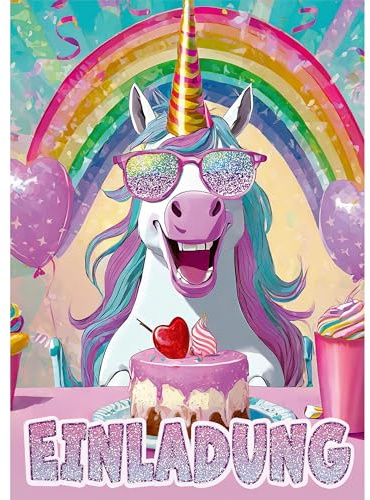 Moosthaler Glitzer Einhorn Einladungskarten Kindergeburtstag Mädchen | 12 Stück, Lustige Regenbogen Geburtstag Einladungen, Echtem Glitzerlack, Einhorn Deko