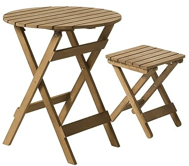 Tische und Stühle für den Außenbereich, 2-teiliges Bistro-Set aus Holz, zusammenklappbare Terrassenmöbel für den Garten, Balkon, runder Couchtisch, mit klappbarem Stuhltisch