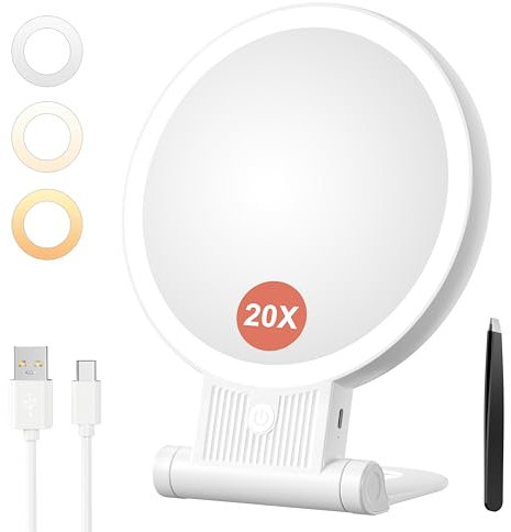 Auxmir Kosmetikspiegel mit Beleuchtung, 20X/1X Doppelseitig Schminkspiegel mit Licht, Dimmbar Tischspiegel, 3 Farblichter Handspiegel, 2000 mAh, Faltbar Vergrößerungsspiegel für Zuhause Reise Kosmetik