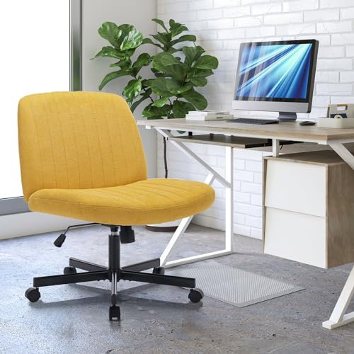 COLAMY Breiter Bürostuhl, Gepolsterter Armloser Schreibtischstuhl Drehbarer Home Office Stuhl 115° Wippfunktion Ergonomischer Computerstuhl für Home Office, Schminken, Gaming (Mit Rollen, Gelb)