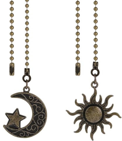 COMNICO 2Pcs Ceiling Fan Pull Chain Extension, Bronze Fan Pull Chain Extension 12 Inch Lighting Fan Beaded Ball Chain Extender with Connector Moon and Sun Pendant Totem Bohemia Chain Extension