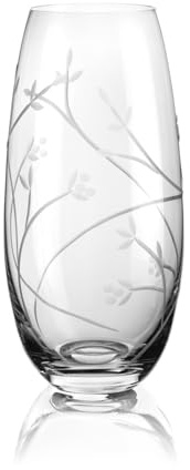 DIAMANTE Barrel Shaped Crystal Vase Leaf - Hand Cut Flowering Branches and Vines Decoration - 25cm
