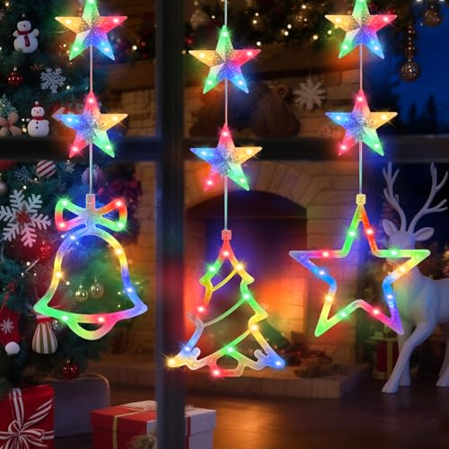 3 Stück Weihnachtsdeko Fenster Beleuchtet - LED Weihnachtsbeleuchtung Innen mit Saugnapf, Batteriebetriebene, Hängende Weihnachtsdeko für Fenster Innen Außen Dekor