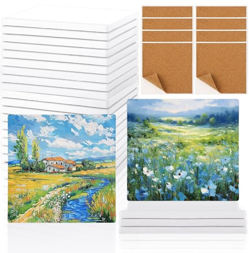 APACALI Ceramic Coasters Set of 25, 10 x 10cm / 4 x 4Inch Ceramic Tiles, Square Ceramic Coasters with Cork Backing Pads, Sublimation Coasters Blank for Inks Art Painting DIY